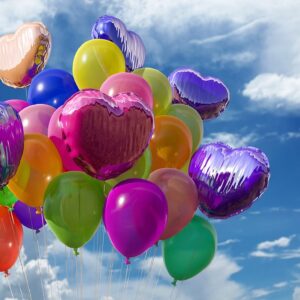 balloons, nature, heart, sky, decoration, party, colorful balloons, celebration, helium, fly, happy birthday, float, shiny, clouds, blue sky